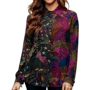 Farm Rio Mixed Black Prints Lenzing Ecovero Viscose Button Shirt, Size Large